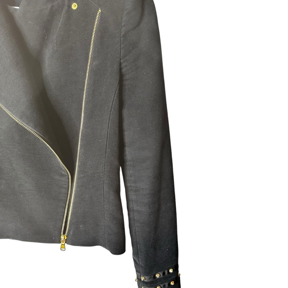 Zara Velvet Like Moto Bomber Collarless Jacket w/ Gold Zipper & Stud Detail sz M - Picture 7 of 16